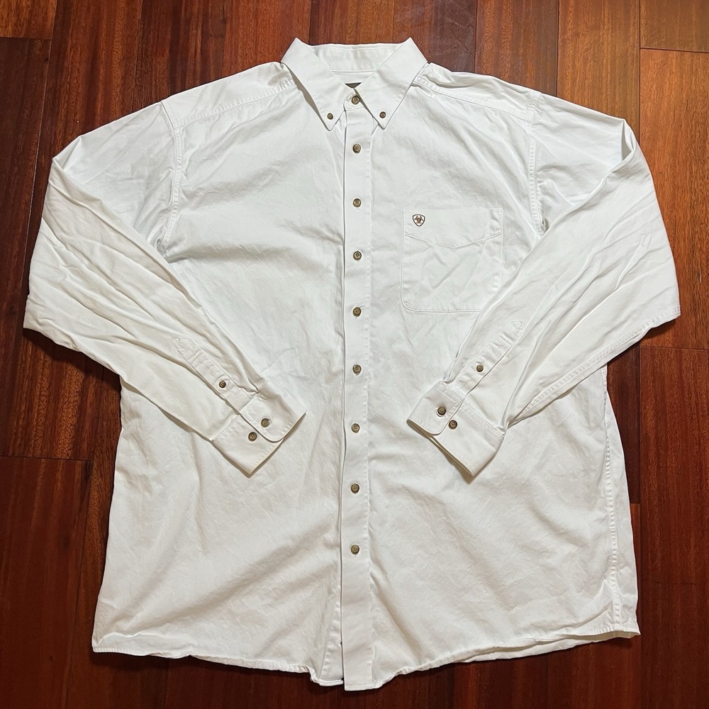 Ariat Shirt Mens 2XLT Tall Solid White Long Sleeve Button Down Workwear READ